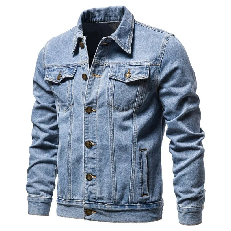 Stilvolle Herren Denim Jacke für Herbst, in klassischem Blau, vielseitig kombinierbar, ideal für kühle Tage.