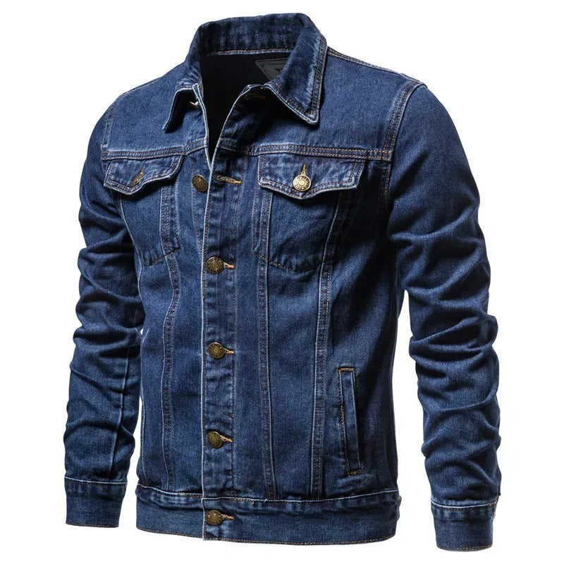 Stilvolle Herren Denim Jacke für Herbst, in klassischem Blau, vielseitig kombinierbar, ideal für kühle Tage.