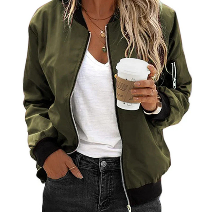 "Stilvolle langärmlige Damen-Bomberjacke mit Reißverschluss, gerippten Bündchen und schlanker Silhouette, ideal für den Allta