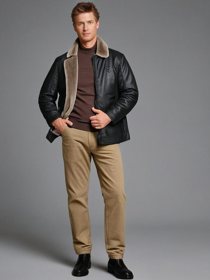 Stilvolle, warme Herren Lederjacke in Schwarz mit robustem Design, perfekt für Herbst und Winter. Elegante, zeitlose Optik.