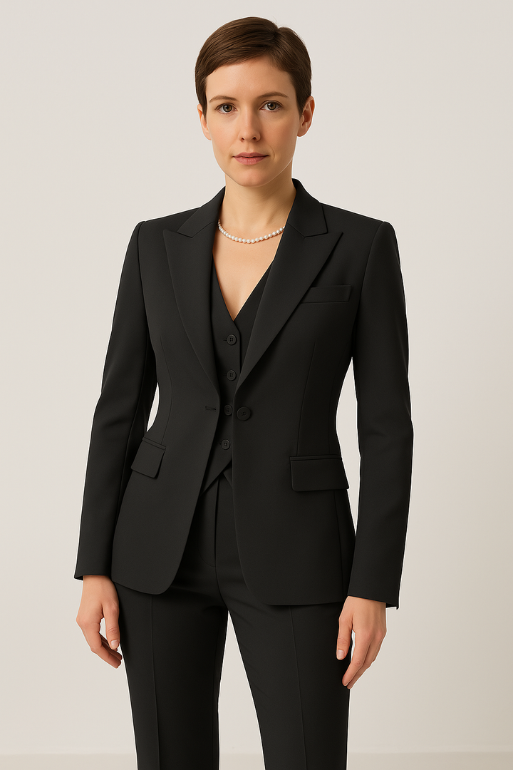 Stilvoller Damen 3-Teiler Hosenanzug in Grau, bestehend aus Blazer, Hose & Weste; perfekt für den Business-Look.
