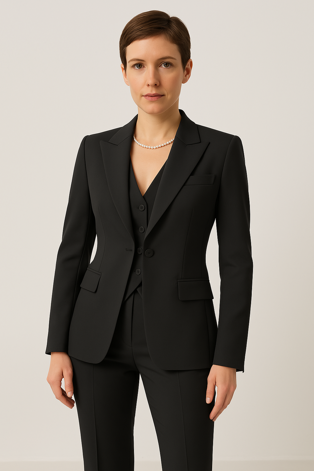 Stilvoller Damen 3-Teiler Hosenanzug in Grau, bestehend aus Blazer, Hose & Weste; perfekt für den Business-Look.