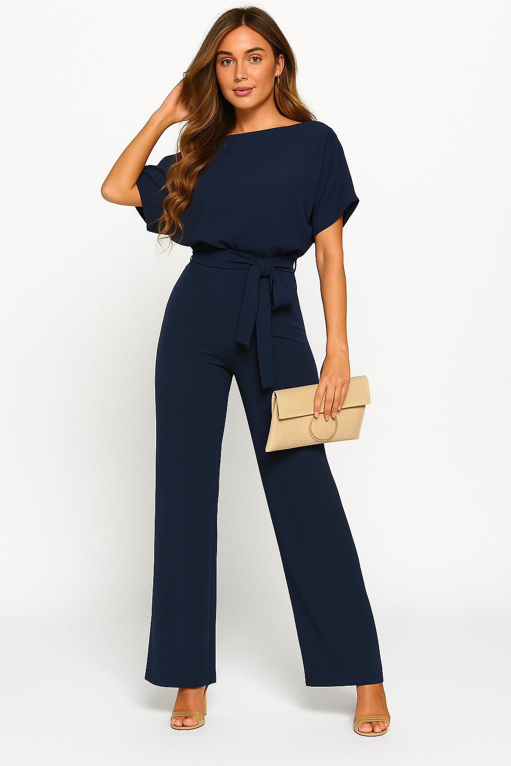 Stilvoller Damen-Jumpsuit mit Krawatten-Gürtel, fließendem Stoff, schmeichelhafter Passform, ideal für alle Anlässe.