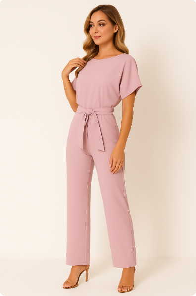 Stilvoller Damen-Jumpsuit mit Krawatten-Gürtel, fließendem Stoff, schmeichelhafter Passform, ideal für alle Anlässe.
