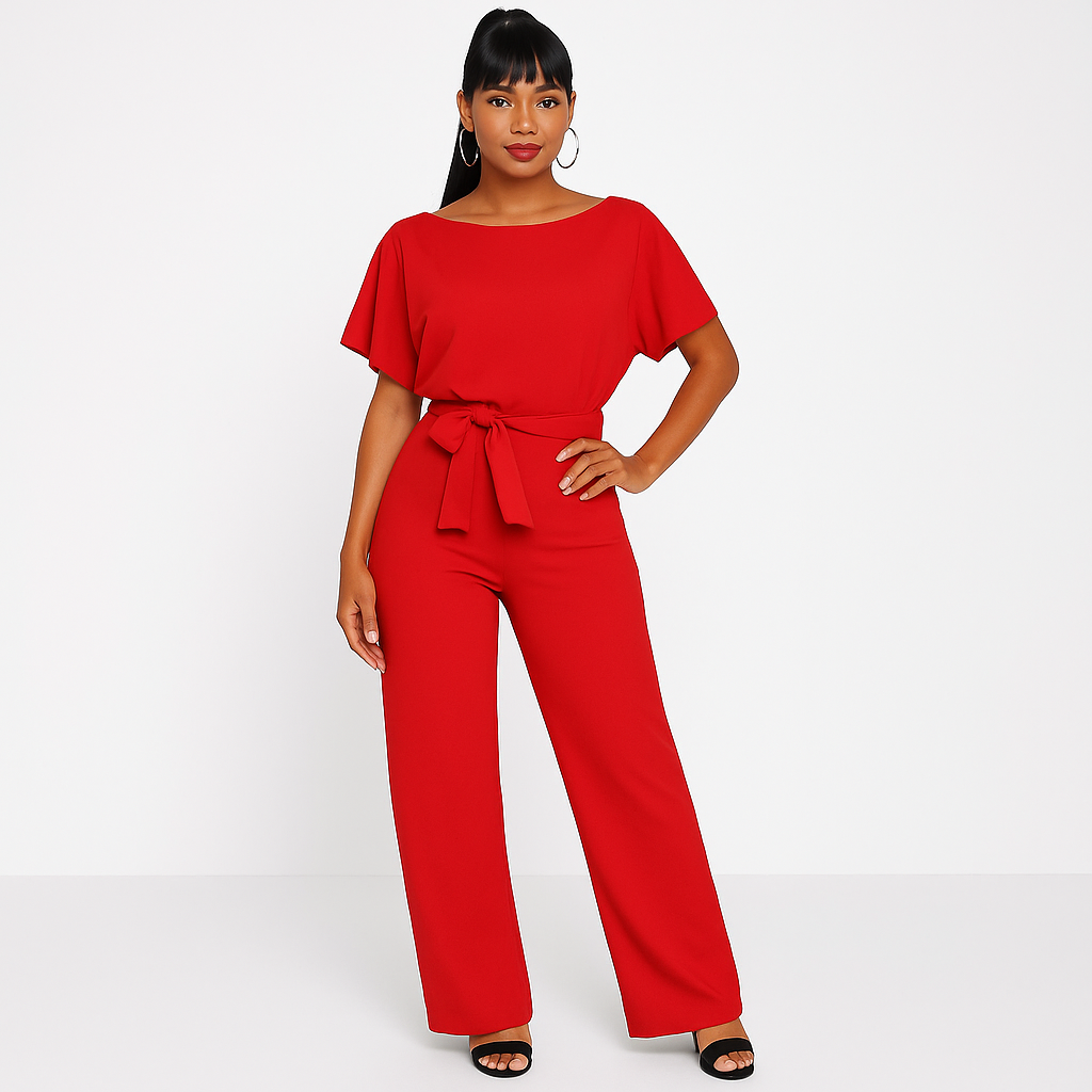 Stilvoller Damen-Jumpsuit mit Krawatten-Gürtel, fließendem Stoff, schmeichelhafter Passform, ideal für alle Anlässe.