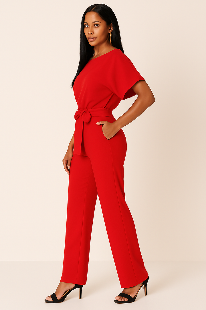 Stilvoller Damen-Jumpsuit mit Krawatten-Gürtel, fließendem Stoff, schmeichelhafter Passform, ideal für alle Anlässe.