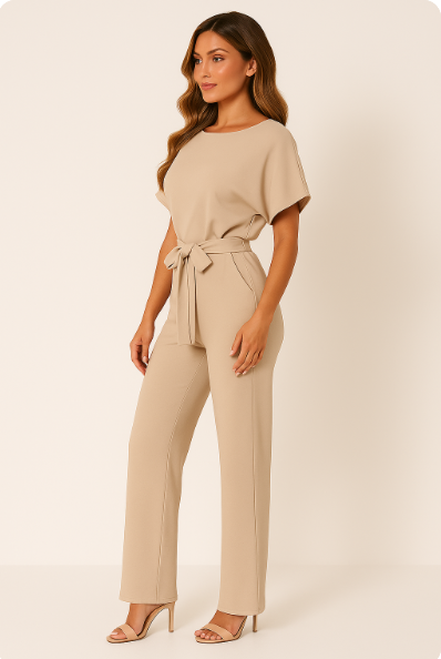 Stilvoller Damen-Jumpsuit mit Krawatten-Gürtel, fließendem Stoff, schmeichelhafter Passform, ideal für alle Anlässe.