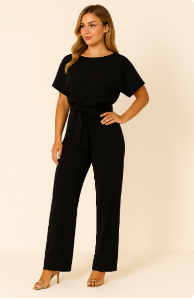 Stilvoller Damen-Jumpsuit mit Krawatten-Gürtel, fließendem Stoff, schmeichelhafter Passform, ideal für alle Anlässe.