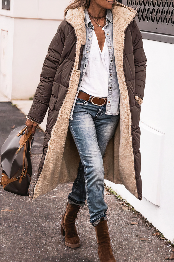 Stilvoller Damen Parka-Mantel mit doppelseitigem Design, warm und modern, ideal für Wintertage und festliche Anlässe.