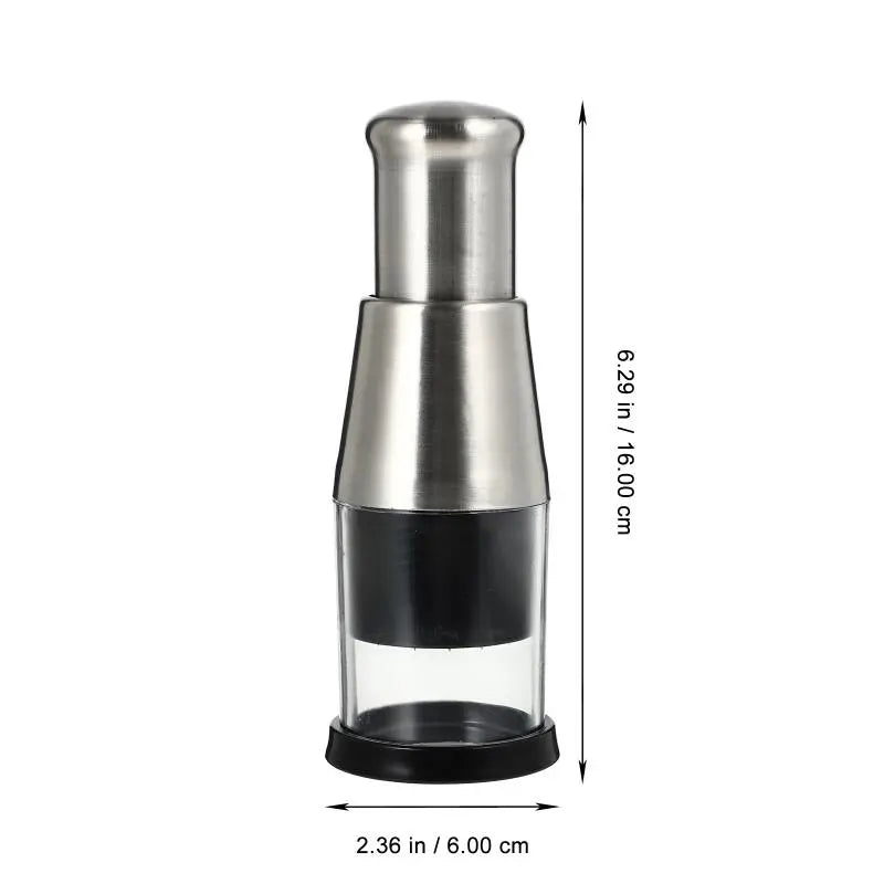 "Stilvoller, manueller Edelstahl-Gemüseschneider mit ergonomischem Griff, Zickzack-Messer und integrierter Schalenbasis."