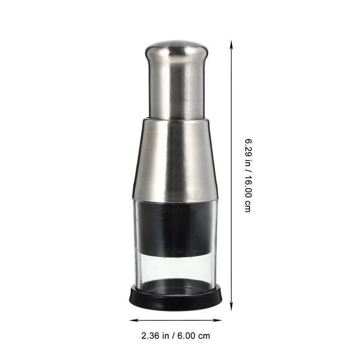 "Stilvoller, manueller Edelstahl-Gemüseschneider mit ergonomischem Griff, Zickzack-Messer und integrierter Schalenbasis."