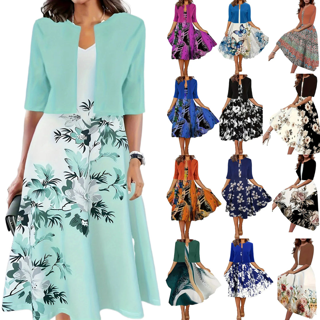 Stilvolles Damen Midi-Sommerkleid, hellblau, mit elegantem sandfarbenem Blazer für vielseitige Sommermode.