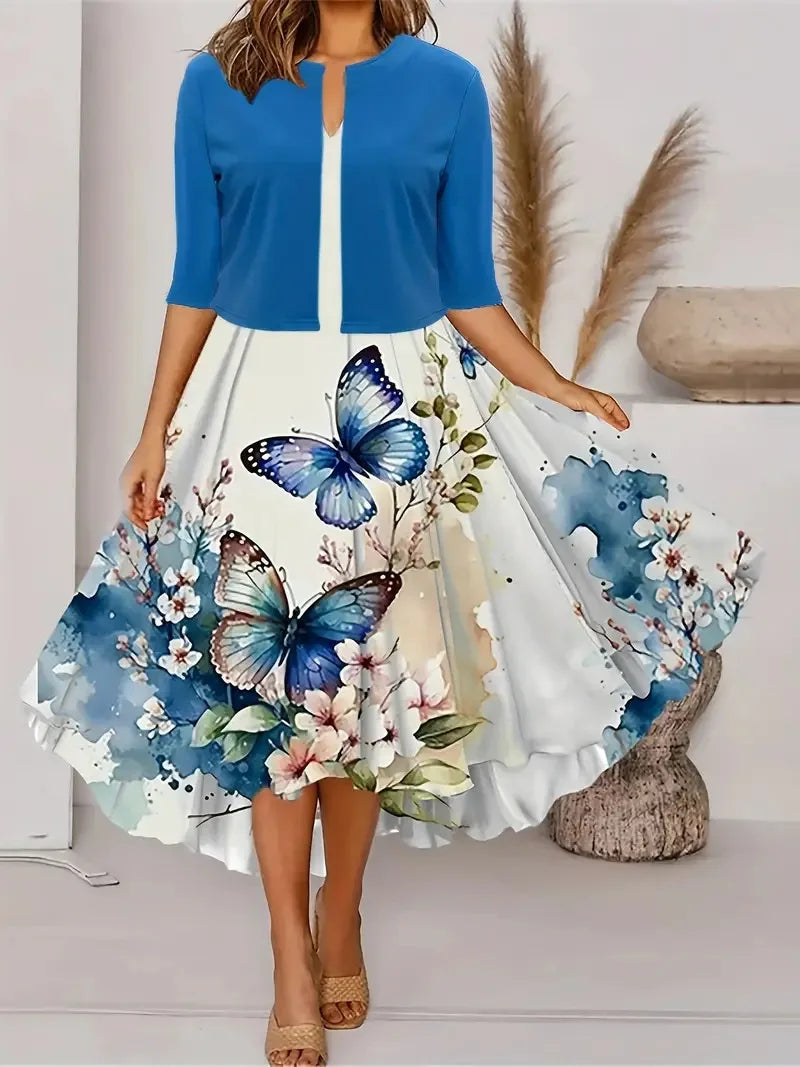 Stilvolles Damen Midi-Sommerkleid, hellblau, mit elegantem sandfarbenem Blazer für vielseitige Sommermode.