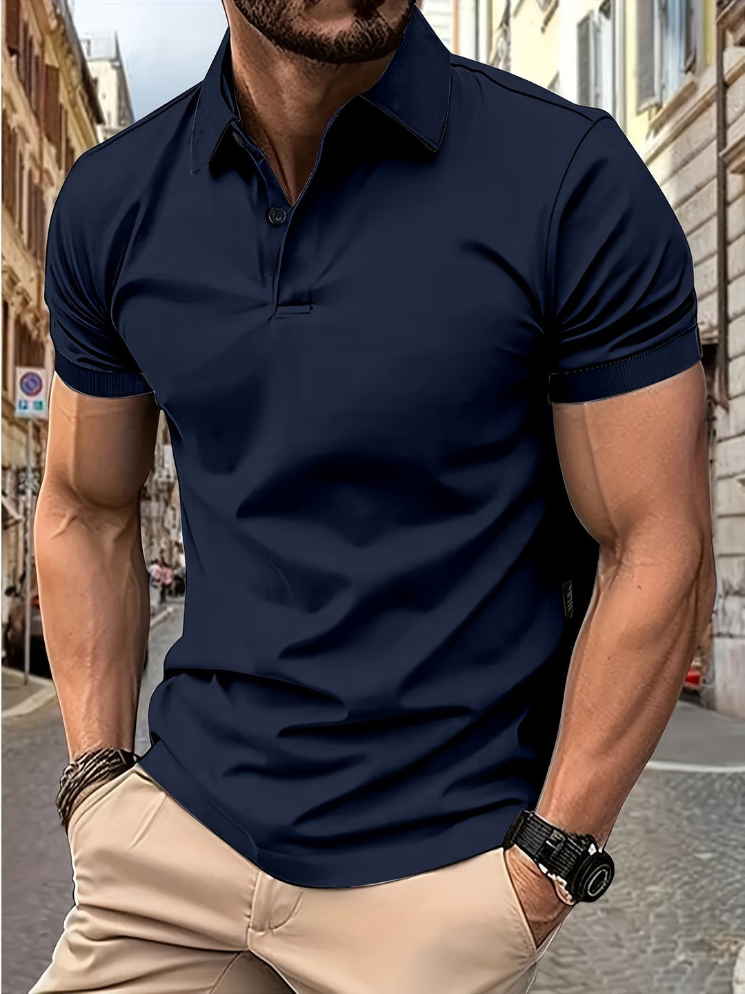 Stilvolles Herren-Kurzarm-Poloshirt mit schmalem Kragen und eleganter Passform, perfekt für Freizeit und Büro.