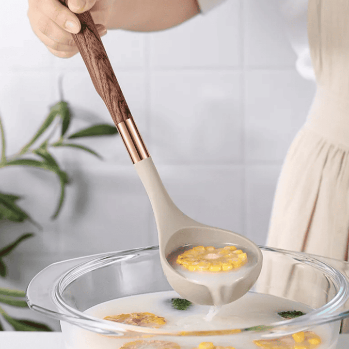 "Stilvolles Silikon-Küchenutensilien Set, temperaturbeständig, rutschfeste Holzgriffe, ideal für antihaftbeschichtete Pfannen