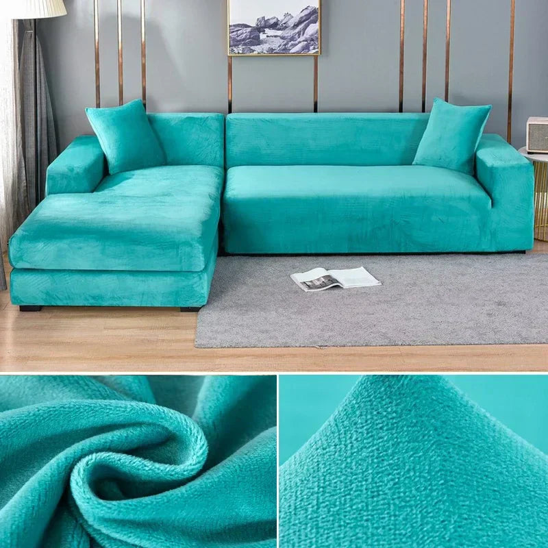 "Stretch-Samt Sofabezug in elegantem Blau, passend für verschiedene Sofas, luxuriöser Schutz für Wohnzimmermöbel."
