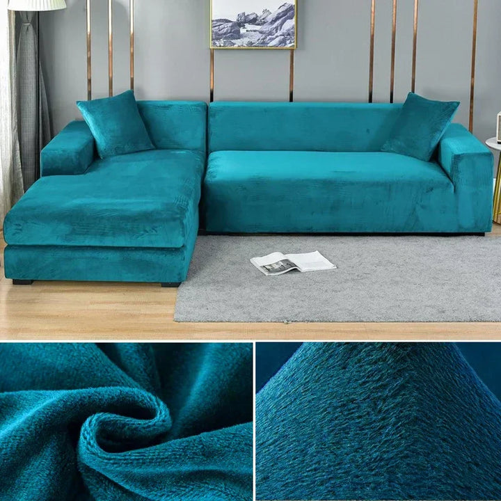"Stretch-Samt Sofabezug in elegantem Blau, passend für verschiedene Sofas, luxuriöser Schutz für Wohnzimmermöbel."