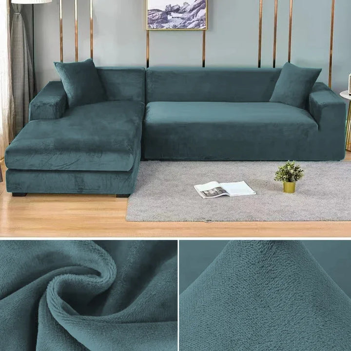 "Stretch-Samt Sofabezug in elegantem Blau, passend für verschiedene Sofas, luxuriöser Schutz für Wohnzimmermöbel."