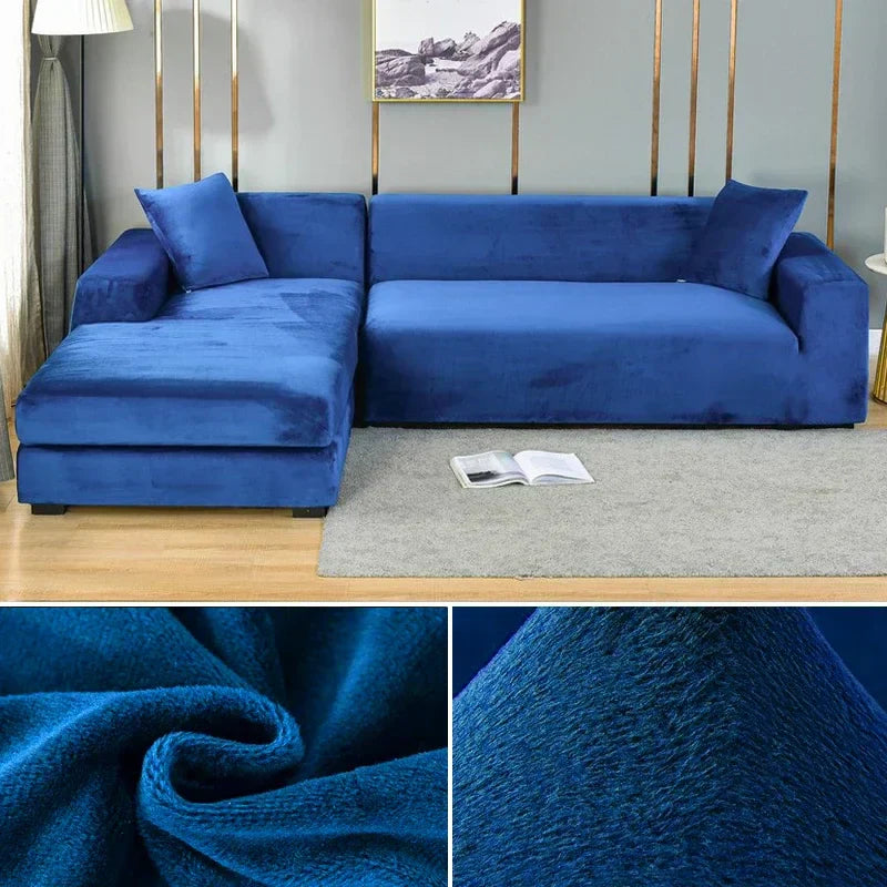 "Stretch-Samt Sofabezug in elegantem Blau, passend für verschiedene Sofas, luxuriöser Schutz für Wohnzimmermöbel."