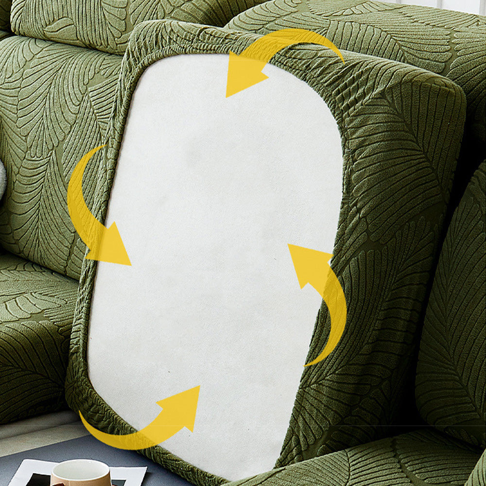 Angled shot of a sofa with a leaf-patterned, pet-friendly jacquard cover, ensuring furniture protection.