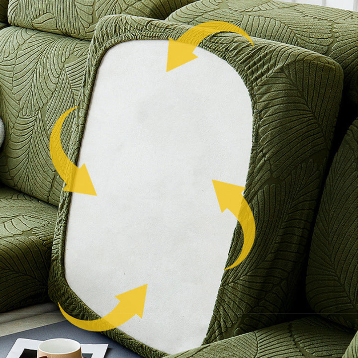 Angled shot of a sofa with a leaf-patterned, pet-friendly jacquard cover, ensuring furniture protection.