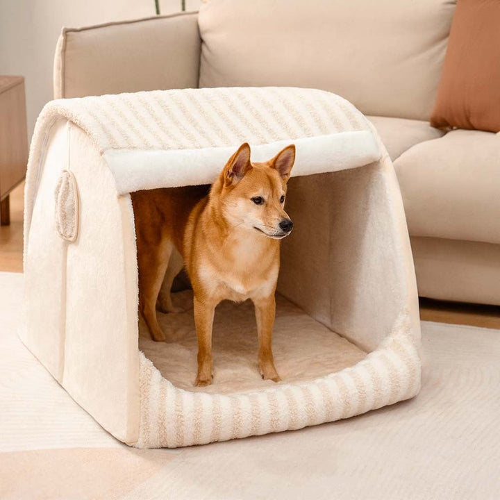 Striped orthopaedic dog bed with plush grey & white stripes, offering pet comfort & support, non-slip base