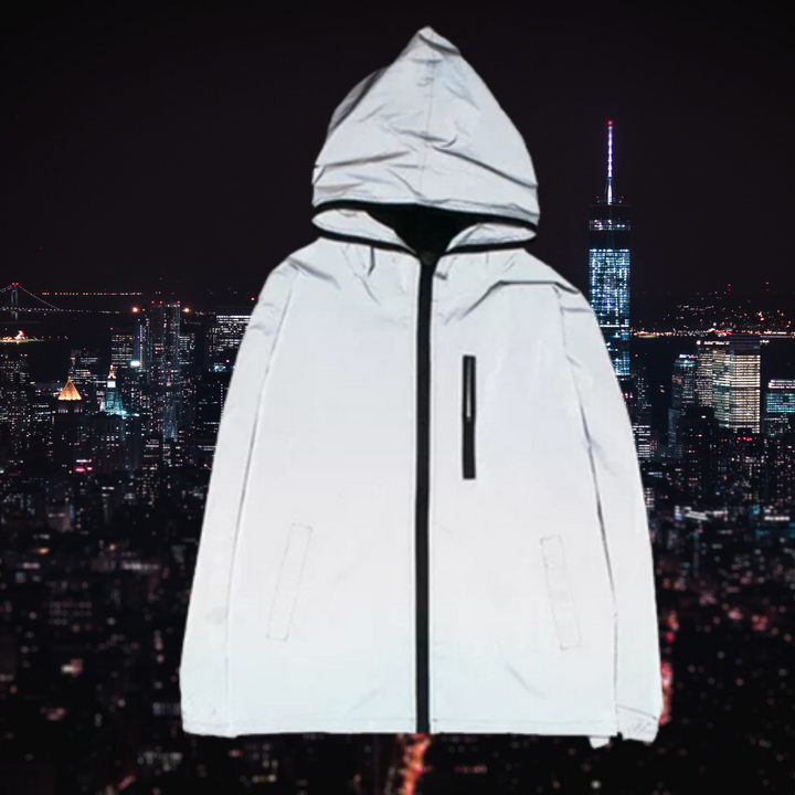 "Stylische reflektierende Manteljacke in Erdtönen, ideal für alle Jahreszeiten und erhöhte Sichtbarkeit im Dunkeln."