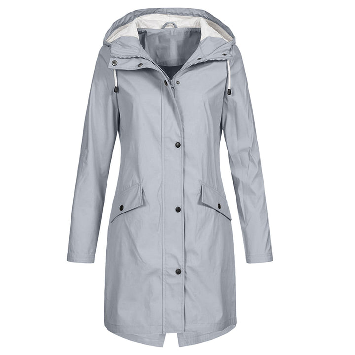 Close-up of the lightweight, waterproof fabric of a women's all-season rain jacket. Stylish weather protection.