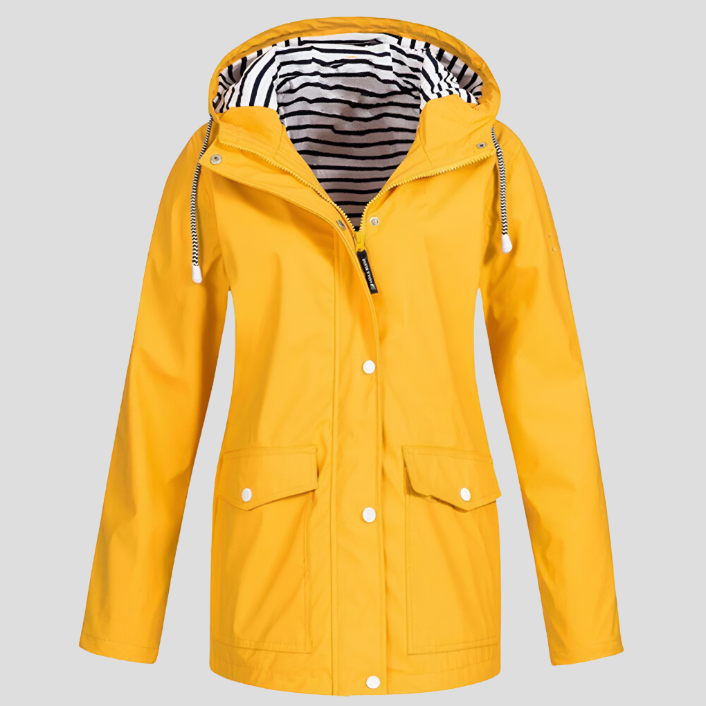 Stylish women's waterproof hooded rain jacket. Lightweight, all-weather outerwear perfect for spring and fall.