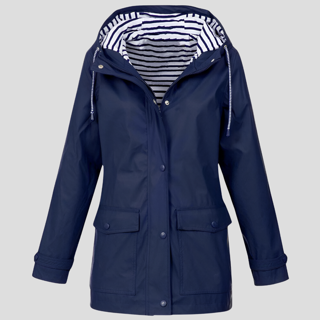 Comfortable women's hooded rain jacket, waterproof & lightweight. Essential outerwear for spring walks & outdoor activities.