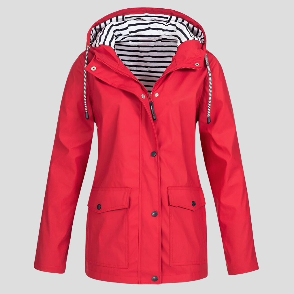 Modern women's travel rain jacket, hooded and waterproof. Lightweight casual outerwear, perfect for stylish all-weather protection.