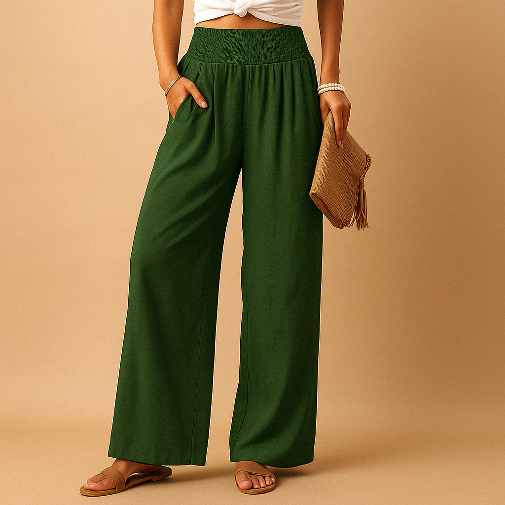 Multi-color women's lightweight summer trousers, loose-fit and breathable with an elastic waist.