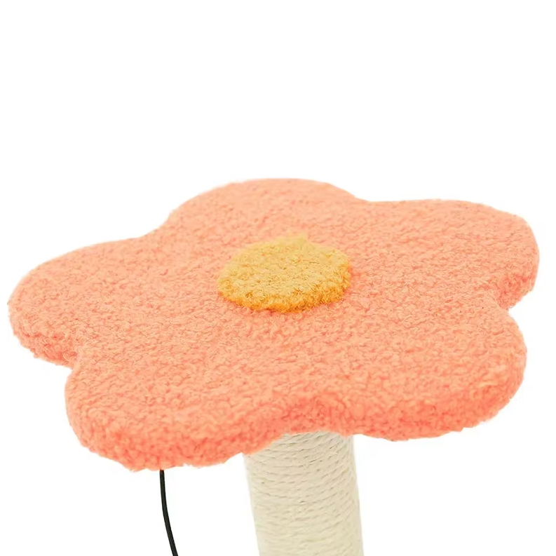 Rosa and yellow sunflower cat scratcher with sisal post and dangling toy, a fun pet accessory.