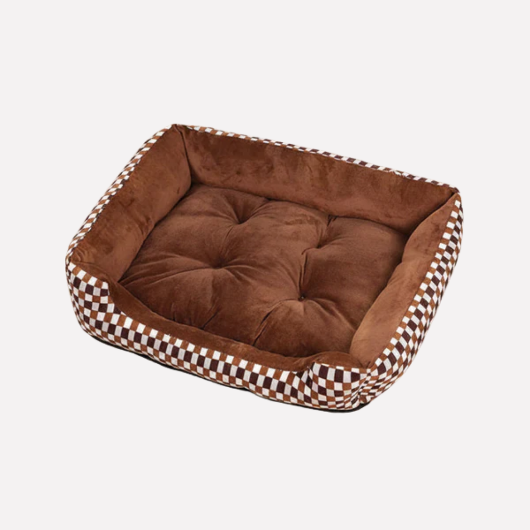 Supportive pet bed for dogs with soft grey cushion and firm base, comfortable for indoor pets.