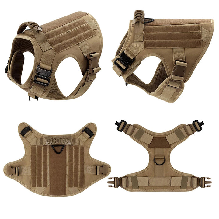 Adjustable tactical dog harness for large dogs, durable nylon with MOLLE webbing, and training leash