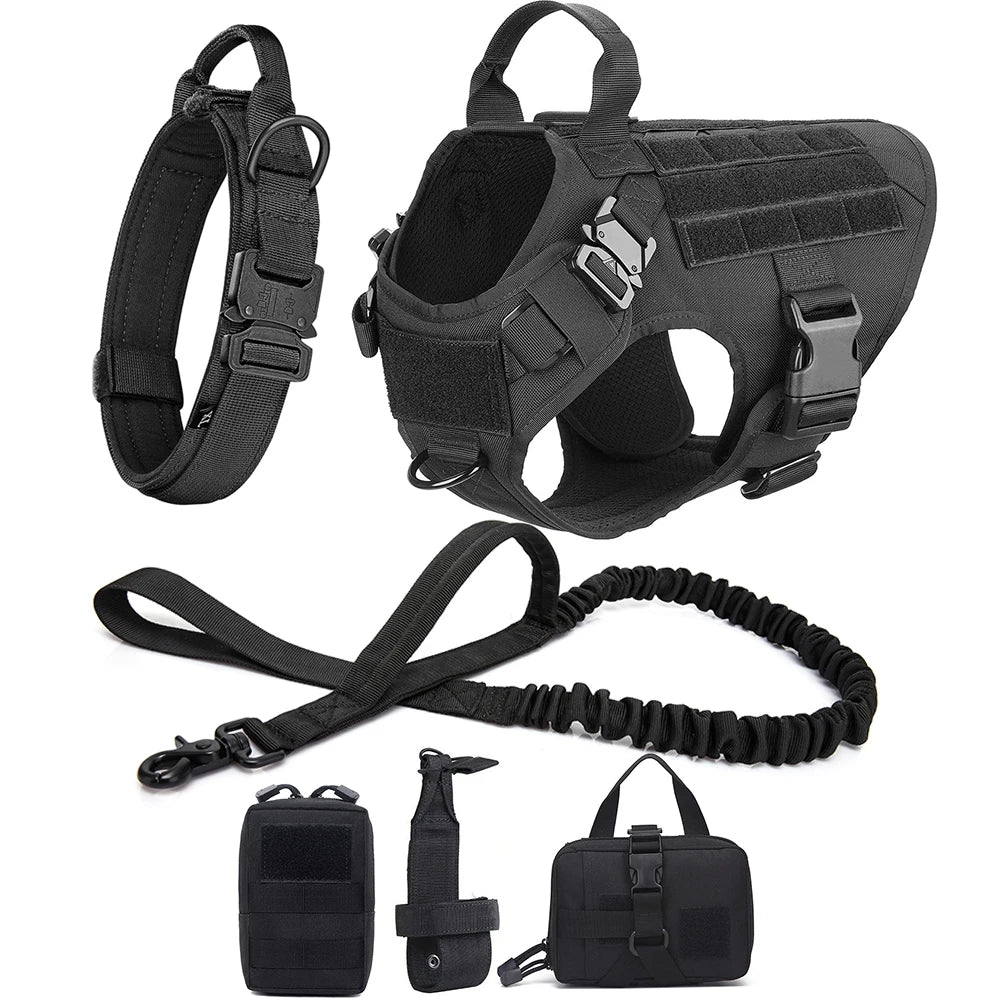 Tactical dog harness set with leash and collar, durable nylon for outdoor adventures