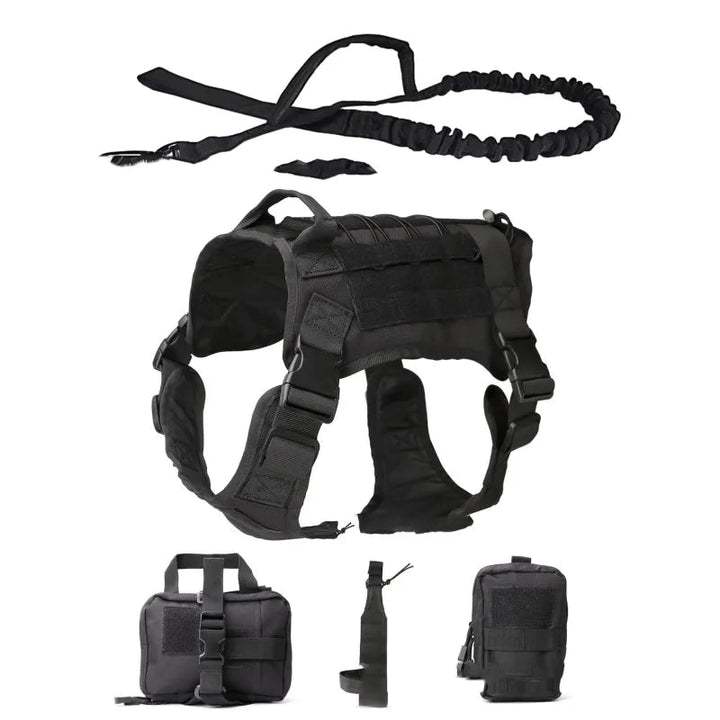 Tactical dog harness with side pockets & elastic leash for K9 training, outdoor adventures