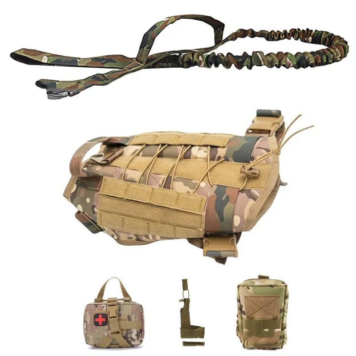 Heavy-duty dog harness by K9 Tactical, with convenient pockets & elastic leash for ultimate control