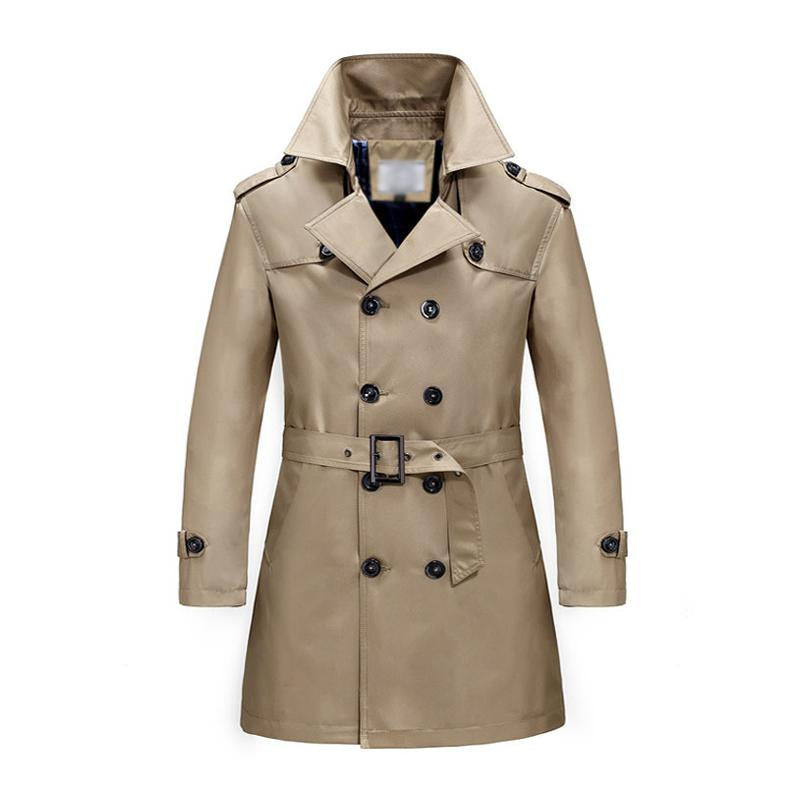Taillenbetonter Herren-Trenchcoat, zweireihig, mittellang, in Beige, idealer stilvoller Mantel für kühle Tage.