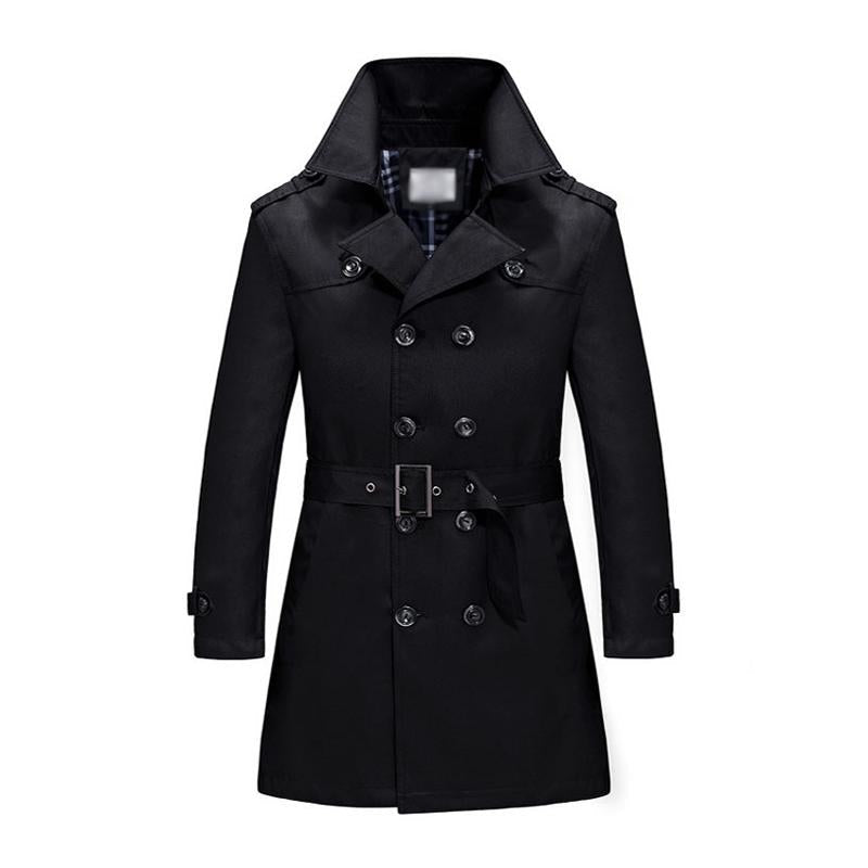 Taillenbetonter Herren-Trenchcoat, zweireihig, mittellang, in Beige, idealer stilvoller Mantel für kühle Tage.