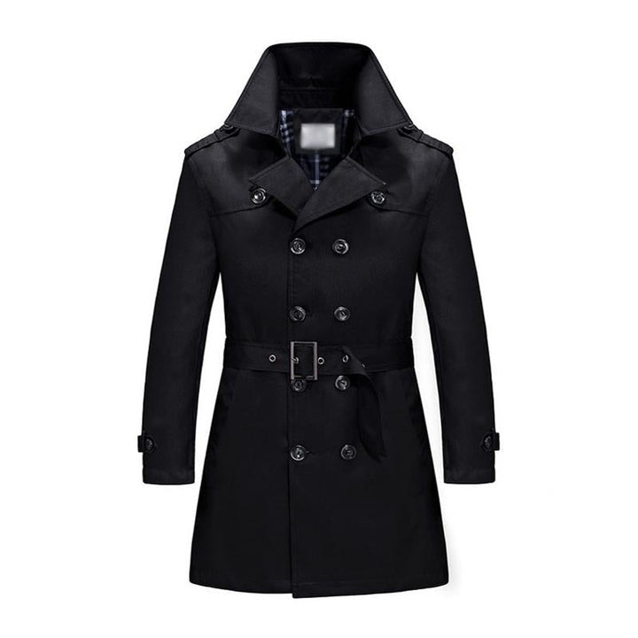 Taillenbetonter Herren-Trenchcoat, zweireihig, mittellang, in Beige, idealer stilvoller Mantel für kühle Tage.