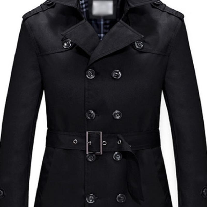 Taillenbetonter Herren-Trenchcoat, zweireihig, mittellang, in Beige, idealer stilvoller Mantel für kühle Tage.