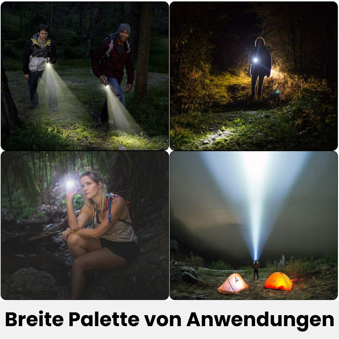 "Taktische LED-Taschenlampe aus Aluminium, robust, wasserfest, 1200 Lumen, rutschfestes Design für Outdoor-Einsätze."