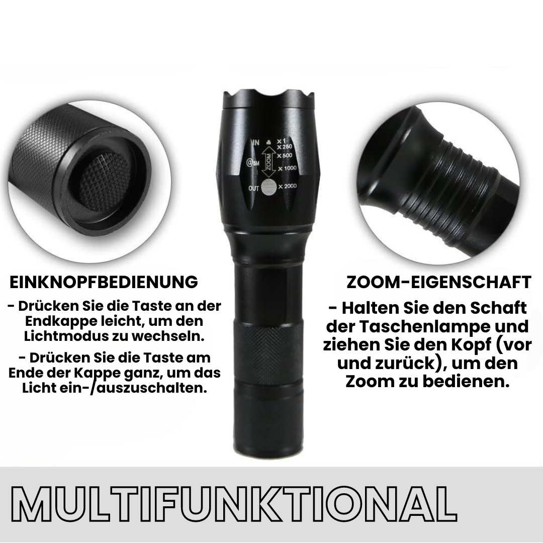 "Taktische LED-Taschenlampe aus Aluminium, robust, wasserfest, 1200 Lumen, rutschfestes Design für Outdoor-Einsätze."