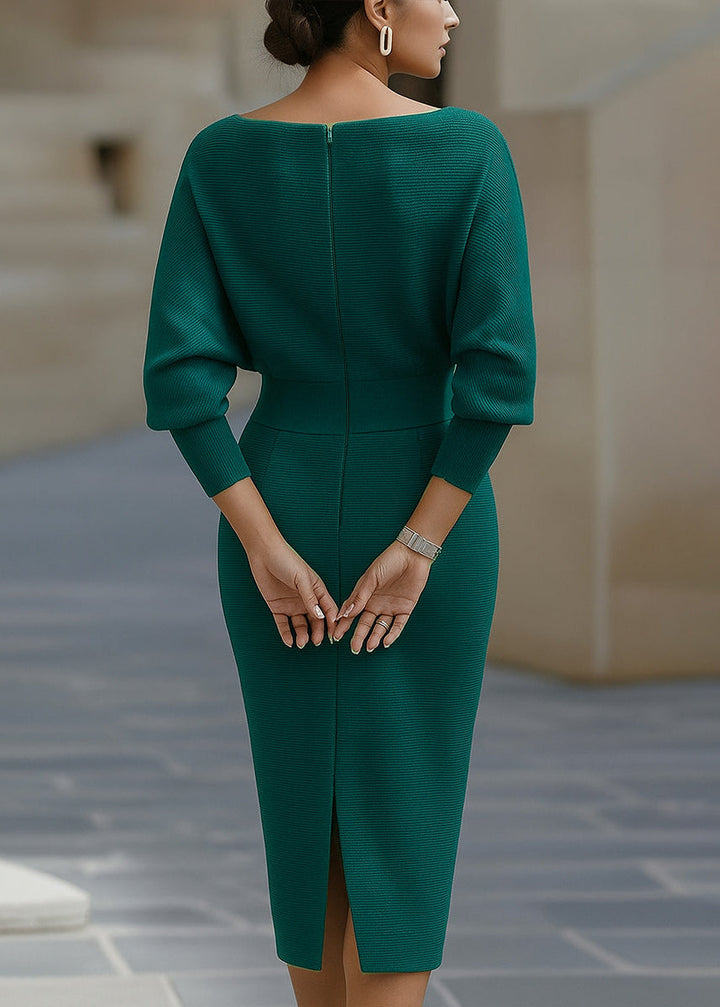 Fashionable women's batwing dress, a draped midi with an elegant cowl neckline for formal occasions.