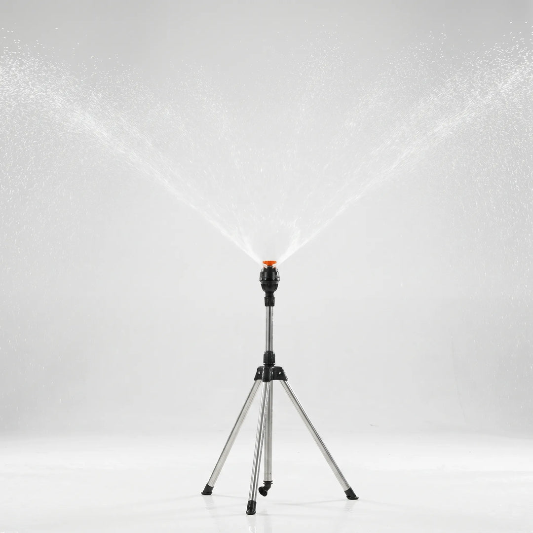 Adjustable garden watering with a telescopic tripod sprinkler, perfect for even lawn & yard irrigation.