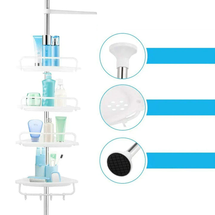 Teleskopisches Duschregal mit 4 höhenverstellbaren Ablagen, ideal für die Dusche, bietet robusten Stauraum ohne Bohren.