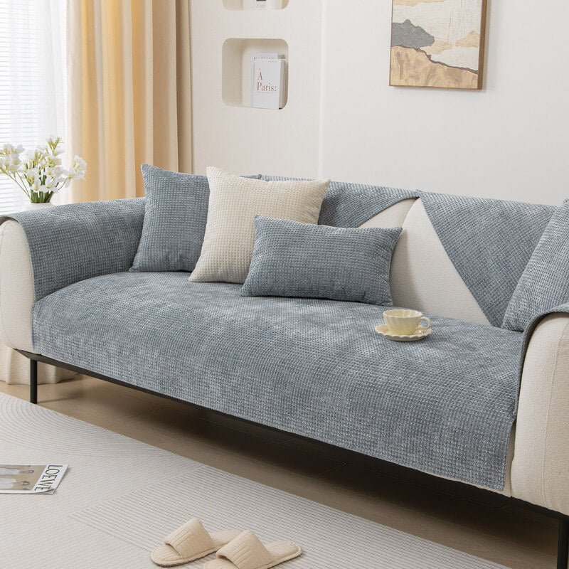 Non-slip Textured Waffle Chenille Sofa Cover in beige, designed for pet-friendly homes.