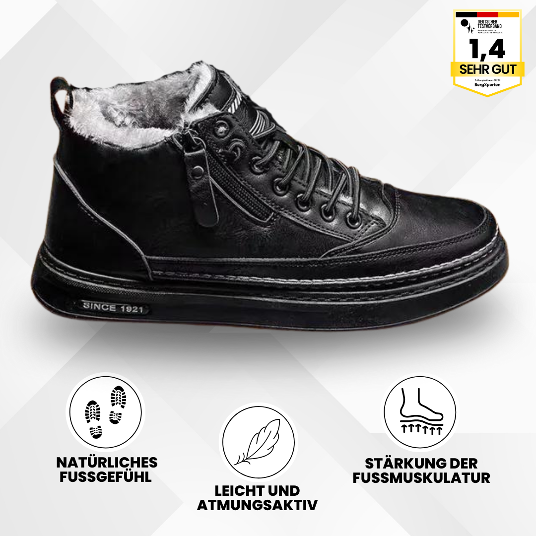 "Thermo-Komfortschuhe mit ergonomischem Design, Kälteschutz bis -20°C, ideal für Camping & Wandern, in Braun und Schwarz."