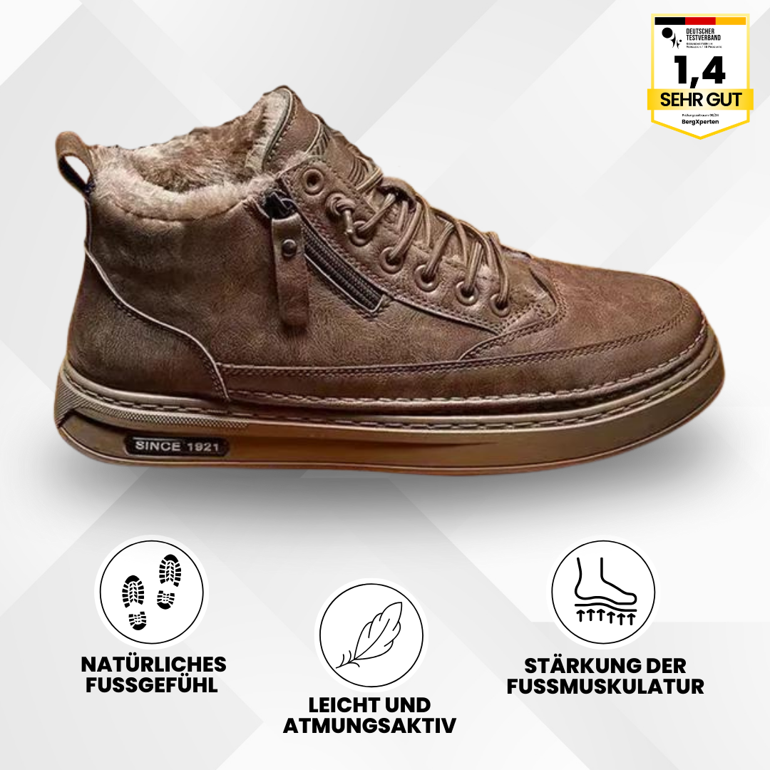 "Thermo-Komfortschuhe mit ergonomischem Design, Kälteschutz bis -20°C, ideal für Camping & Wandern, in Braun und Schwarz."